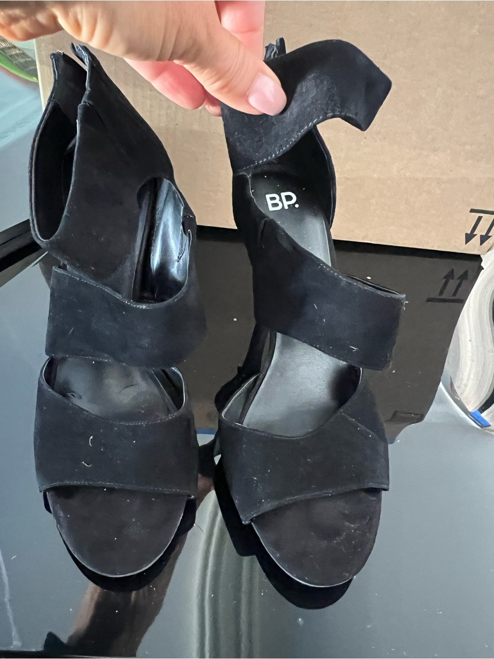 NEW - Nordstrom BP Black Suede Strappy zip back Open-Toe Heels - comfortable!